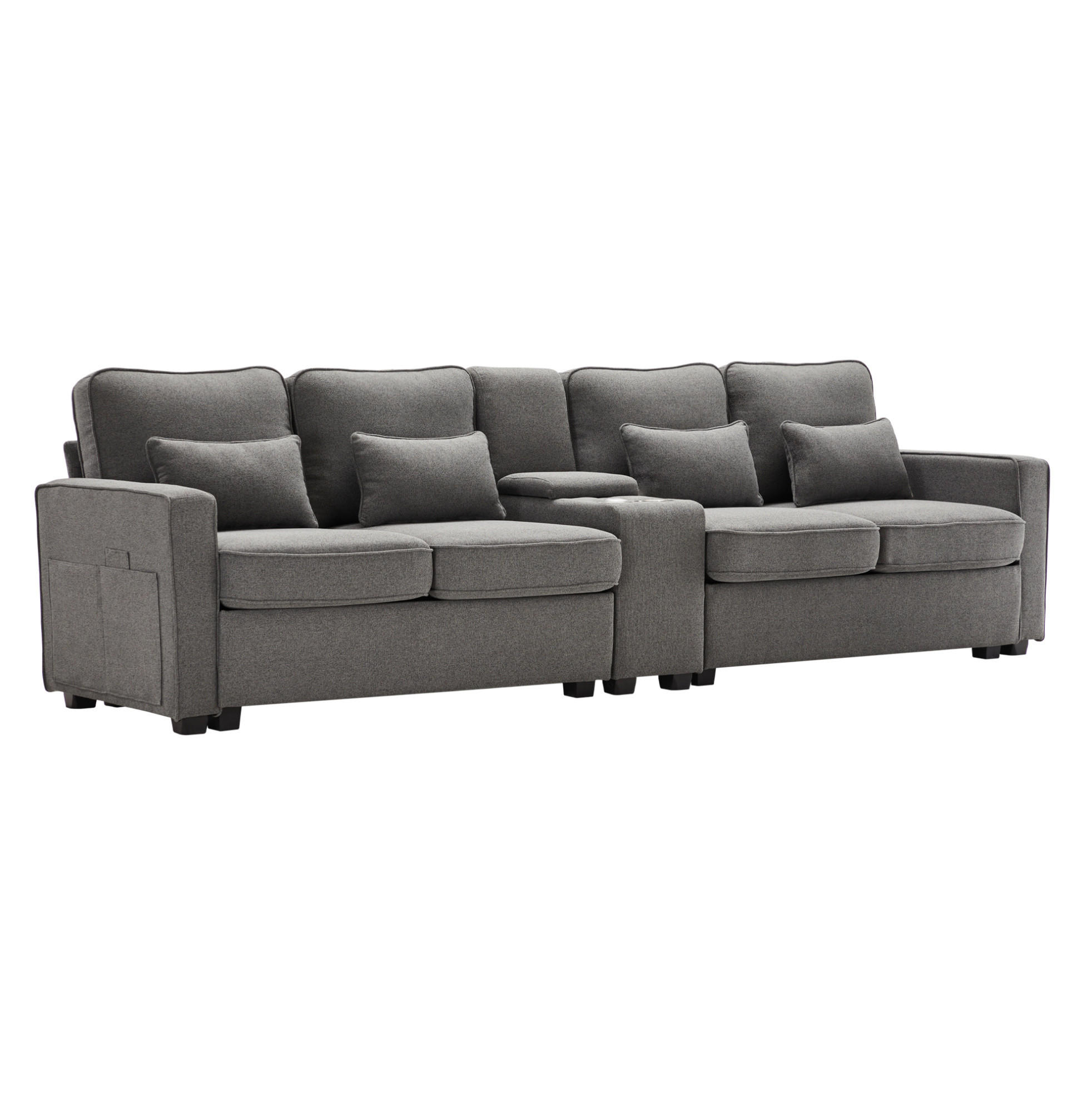 4-SITZER Sofa 290/83/88 cm Dunkelgrau aus Leinen mit USB-Anschluss und Getränkehaltern - Dunkelgrau, Textil (83/88/290cm) - OKMYHOME