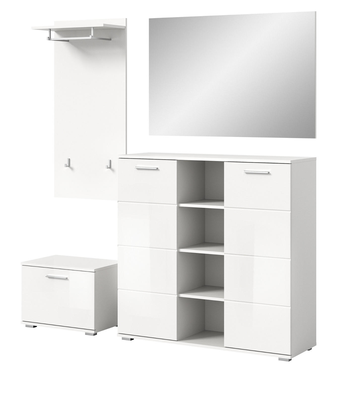 GARDEROBE Set 4-teilig weiß Hochglanz, Garderobenkombination mit viel Stauraum - Weiß Hochglanz/Silberfarben, Glas/Holzwerkstoff (180/191/37cm) - Inn.Furn