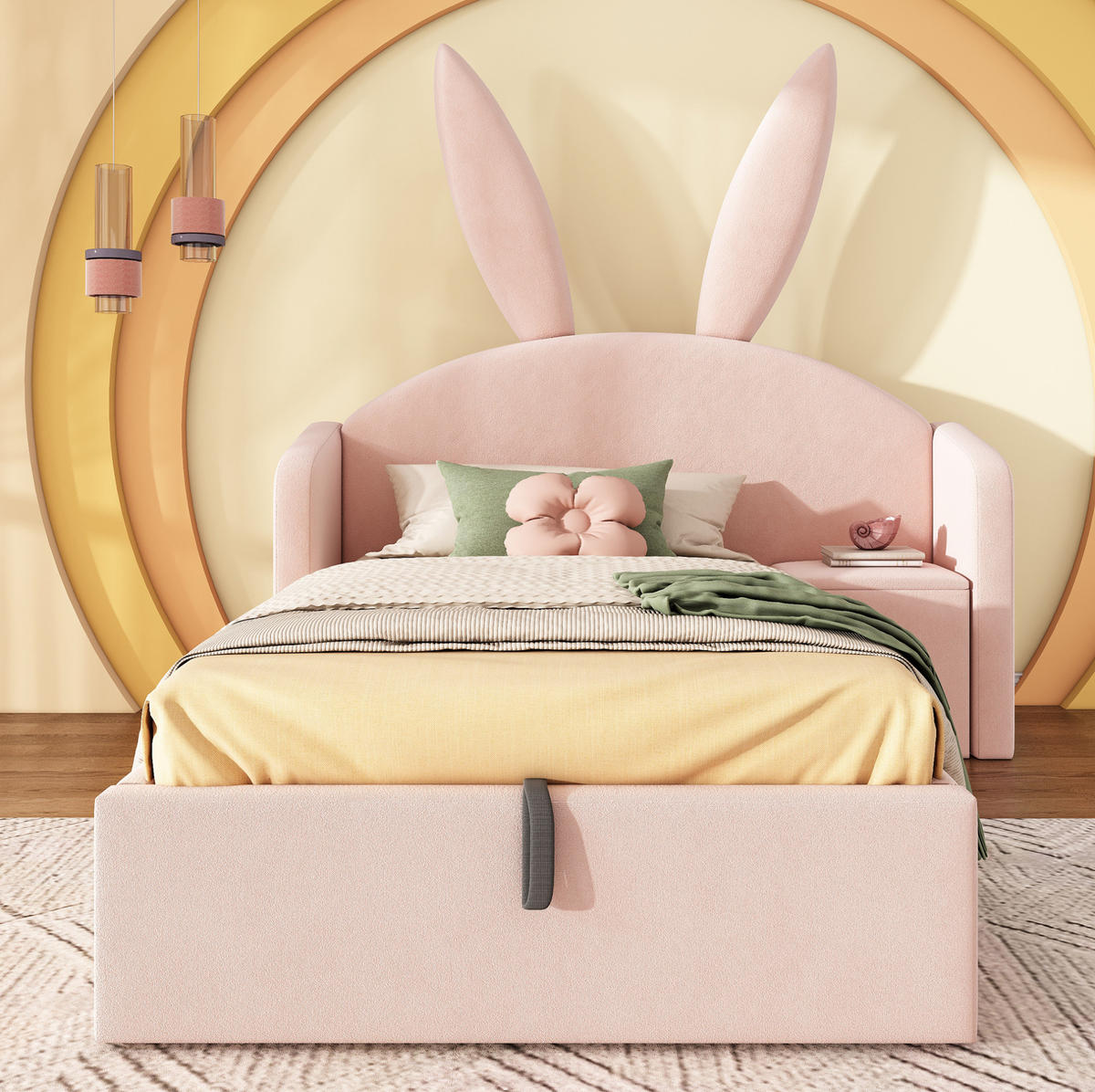 POLSTERBETT 90/200 cm mit Hasenohren, Nachttisch und hydraulischem Stauraum, Rosa - Rosa, Textil (90/200cm) - Redom