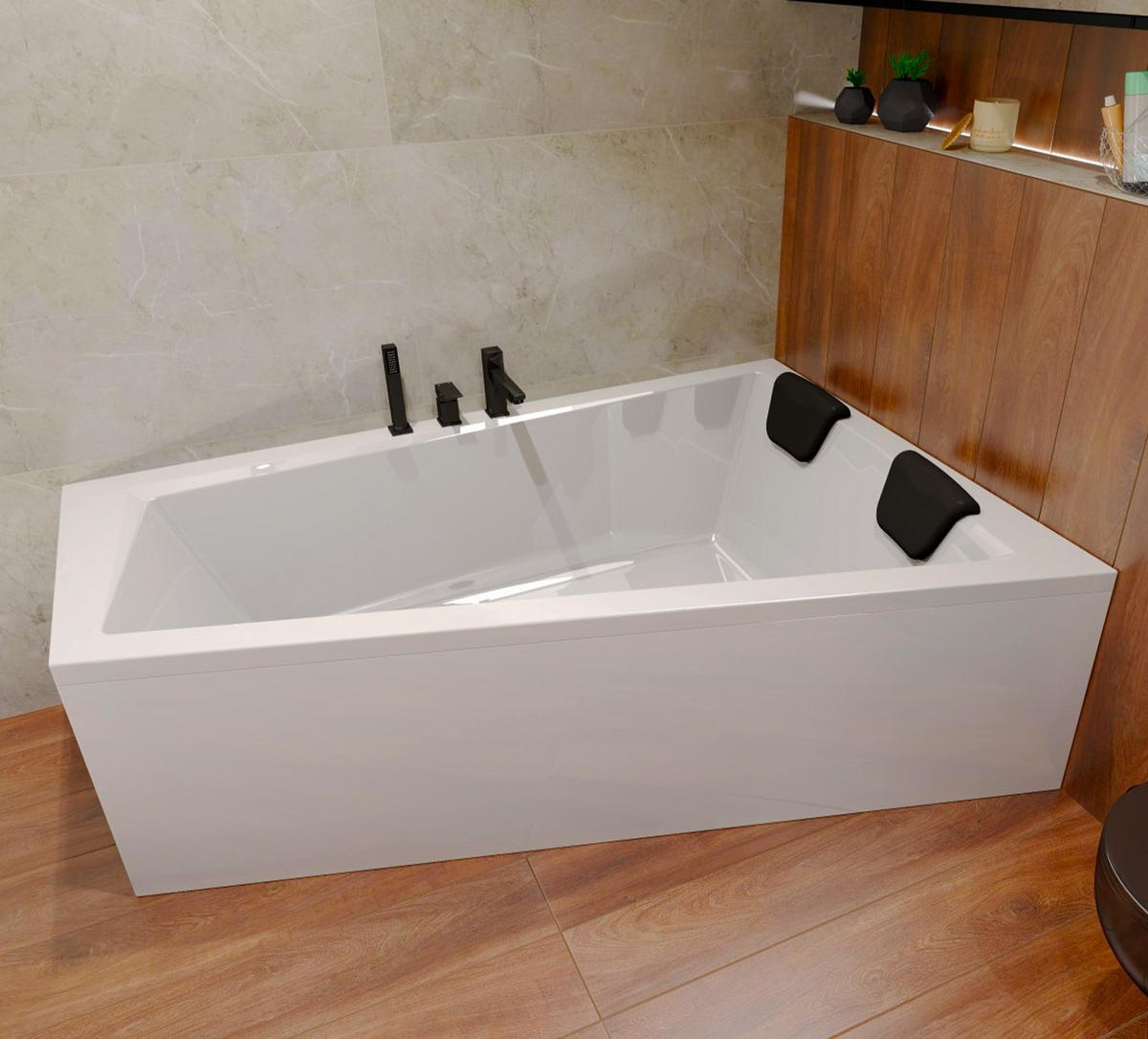BADEWANNE Eckwanne INTIMA Rechts 180/125 + Styro + Kopfstütze Ablauf Füße - Weiß, Kunststoff (125/55.5/180cm) - bad land