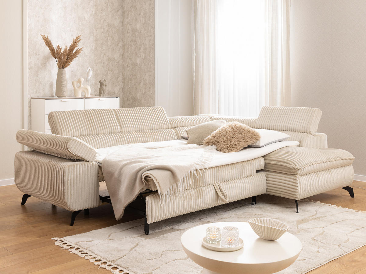 ECKSOFA mit Schlaffunktion und Bettkasten Bonnie aus Hellbeige Cord-Stoff mit verstellbaren Kopfstützen und Armlehne - Ottomane rechts - Beige/Schwarz, Holz/Textil (275/210cm) - S-Style Möbel