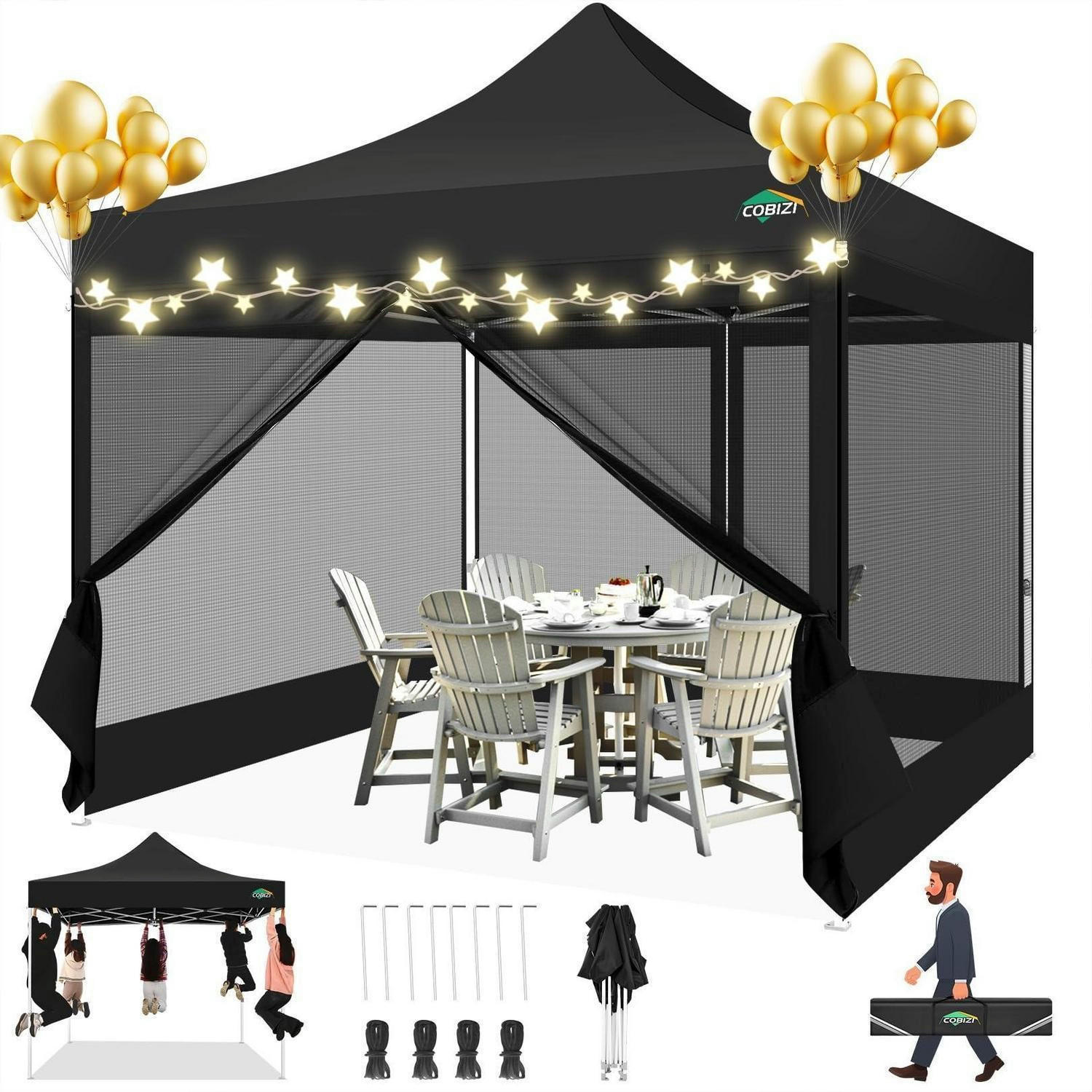 GARTENPAVILLON 3x3m Wasserdicht mit Netz-Seitenwänden Schwarz - Schwarz, Textil (300/335/300cm)