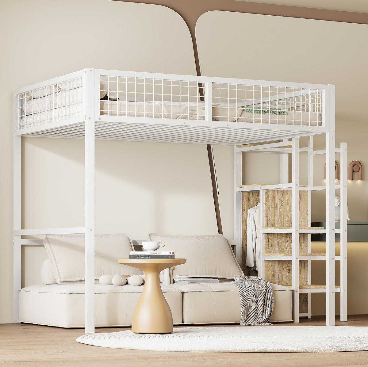 VYSOKÁ posteľ 140/200 cm biela z kovu a MDF s rebríkom, šatníkom a úložným priestorom - biela, kov (140/200cm) - OKWISH