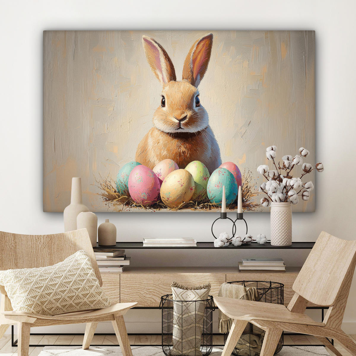 LEINWANDBILD Osterhase - Pastell - Eier Groß 140x90 cm - Beige, Textil (140/90cm) - MuchoWow