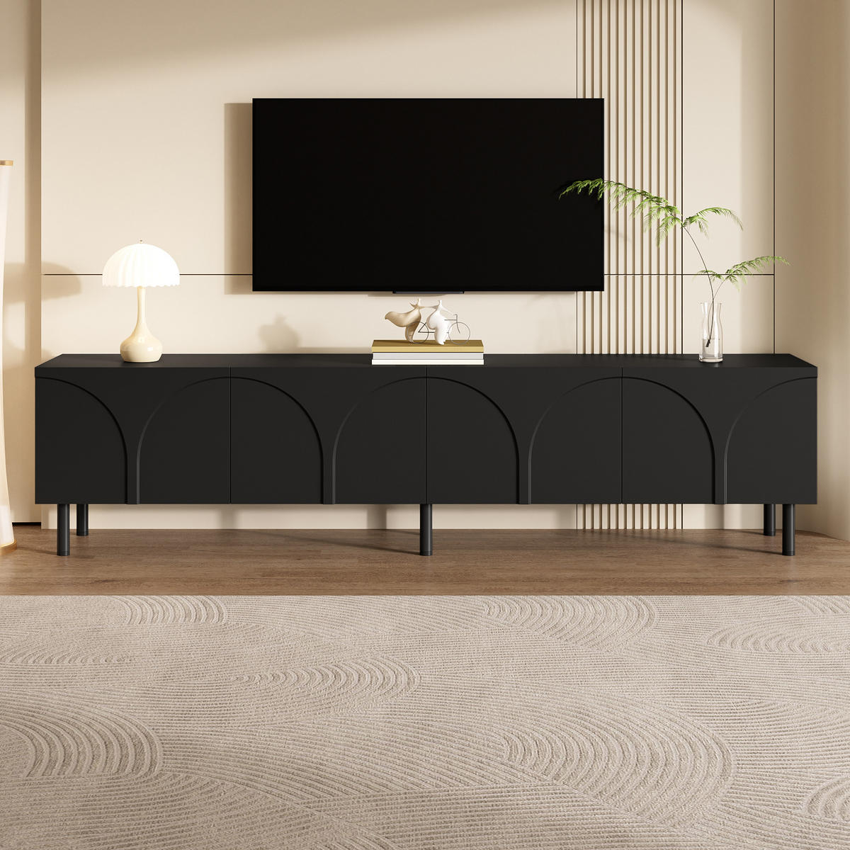 LOWBOARD in Schwarz TV-Schrank mit Metallfüße, 180 L x 35 B x 49H(cm), für Wohnzimmer - Schwarz, Holzwerkstoff/Metall (180/49/35cm) - STILVORA
