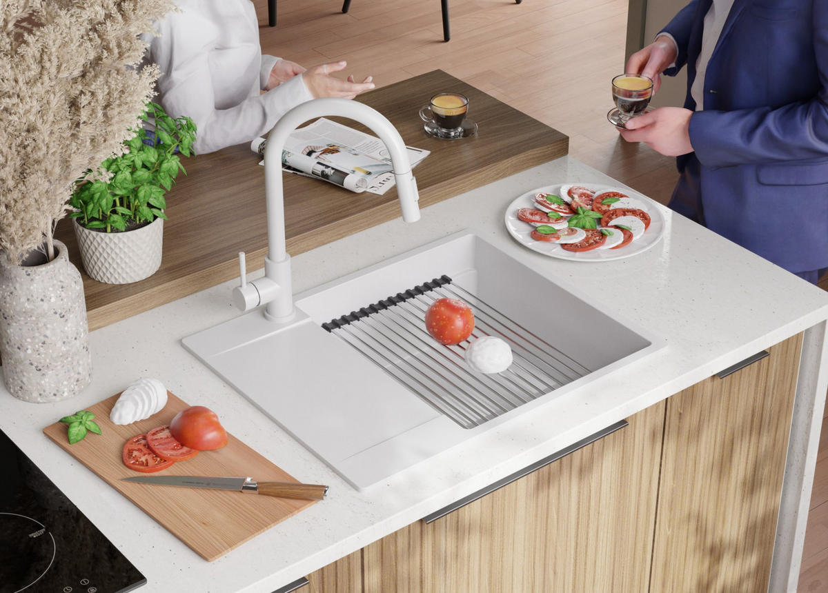 GRANITSPÜLE San Francisco, 2-er set Weiß 62/50 cm 1 Becken + Küchenarmatur 38/14 cm + Ablauf-Set + Aufrollbare Abtropffläche ab 50er Unterschrank - Chromfarben/Weiß, Kunststoff (62/20/50cm) - Primagran