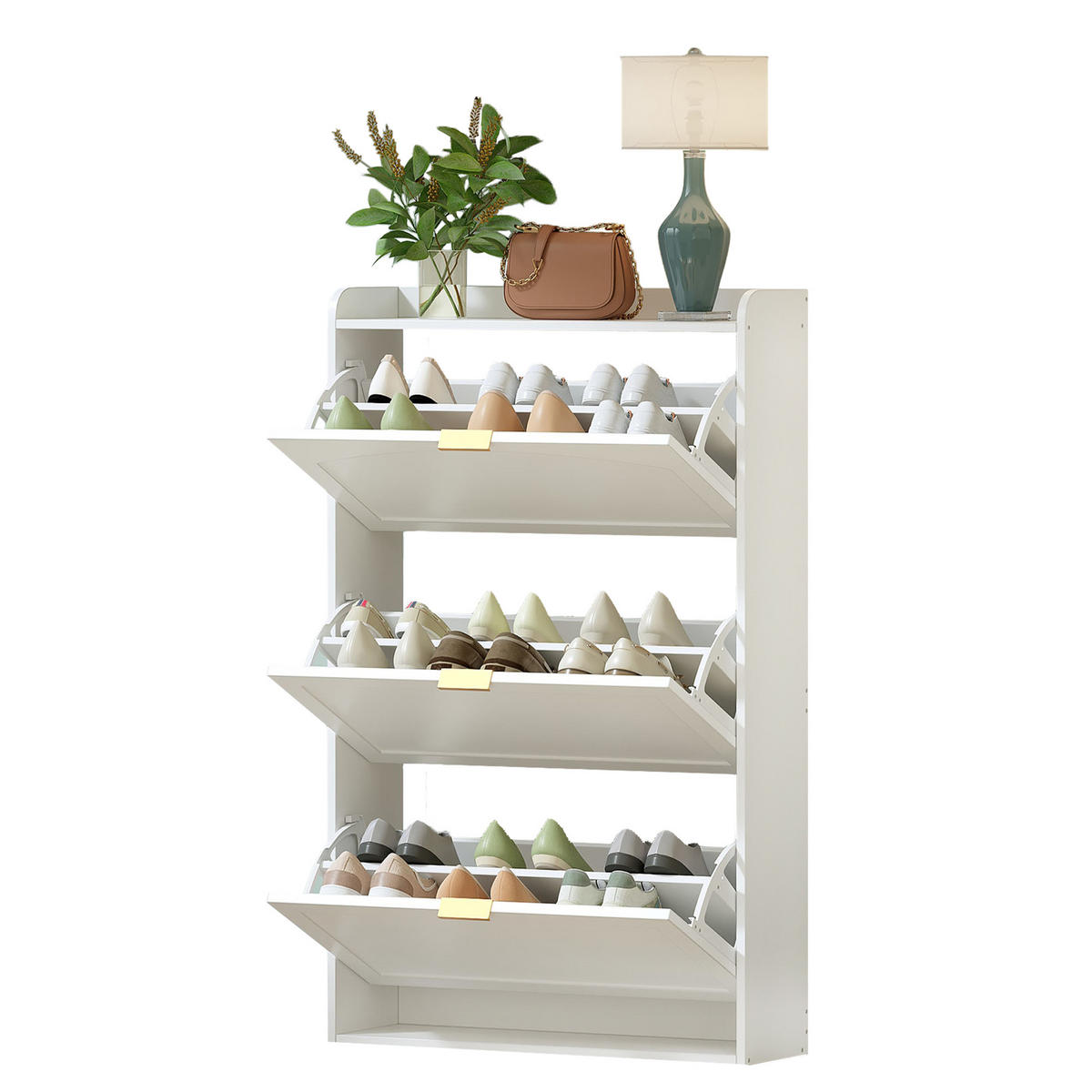 SCHUHSCHRANK aus Spanplatte 76x23x118cm in Weiß mit 3 Klappen - Weiß, Holzwerkstoff (76/118/23cm) - Modfu