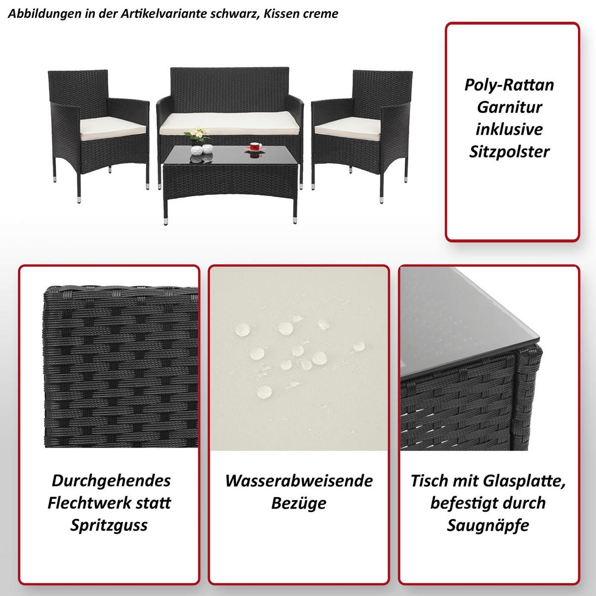 POLY-RATTAN GARNITUR Schwarz, Cremeweiß - Schwarz/Weiß, Kunststoff - MCW