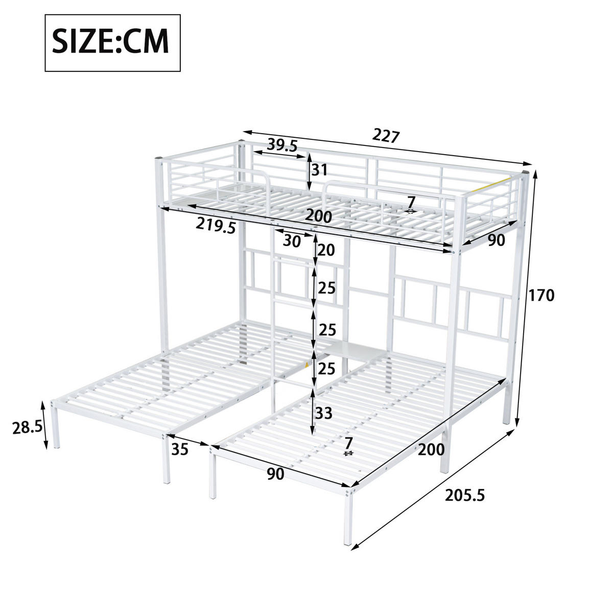 ETAGENBETT 90/200 cm in Weiß aus Metall mit Leiter und Tisch für 3 Personen - Weiß, Metall (90/200cm) - BEAOK