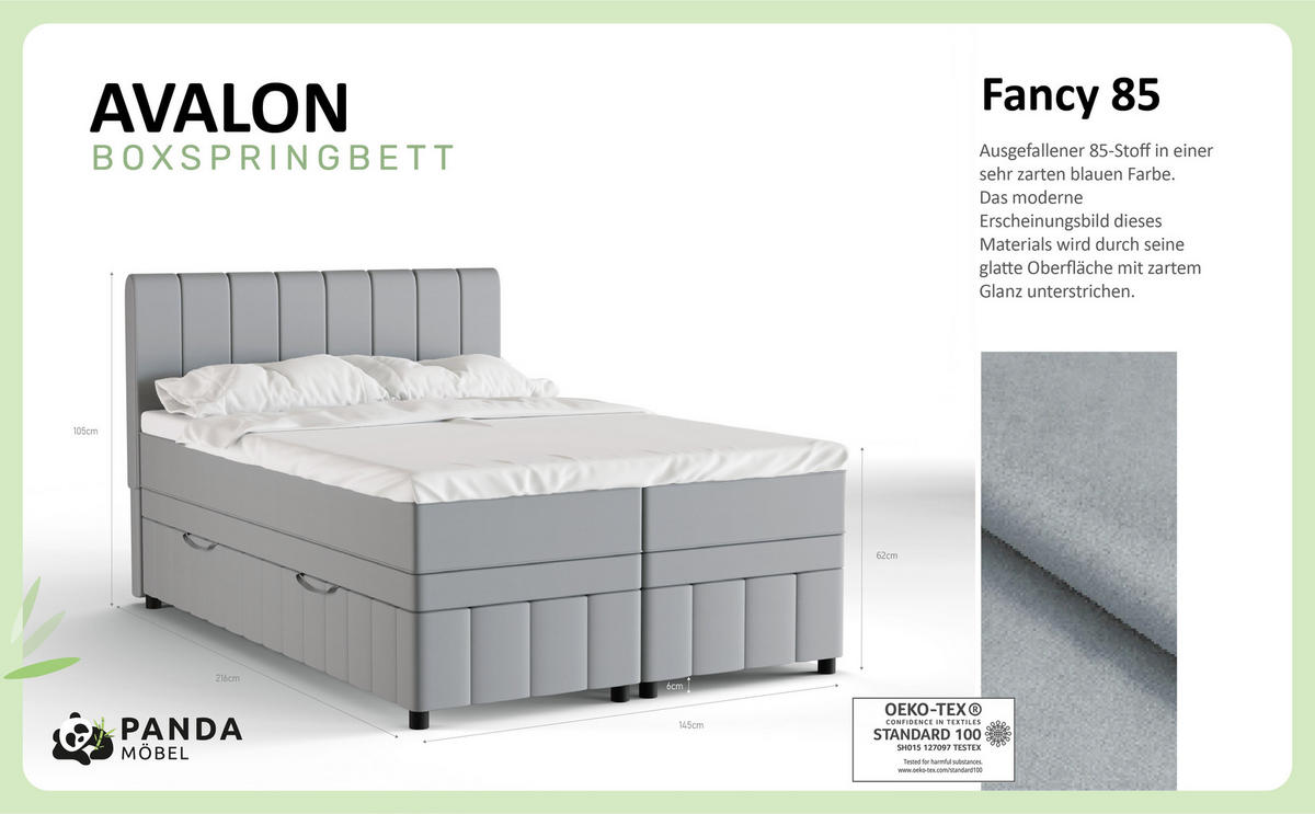 BOXBETT AVALON 140 x 200 cm mit Bettkasten und Topper - Hellgrau - Hellgrau, Holz - Panda Möbel