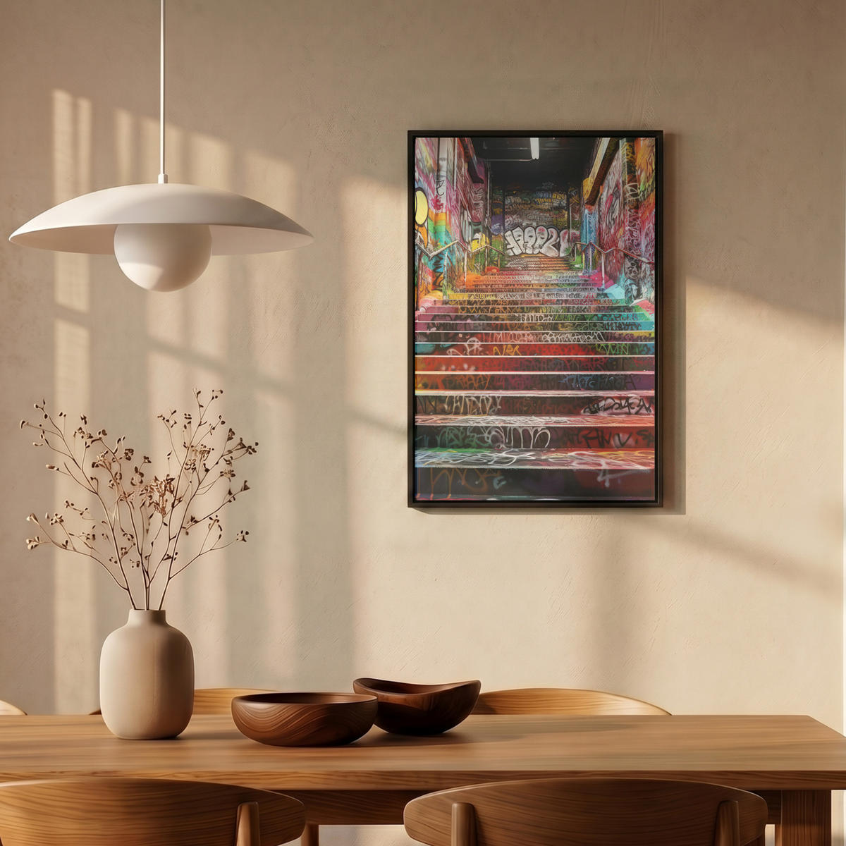 LEINWAND Bilder mit Rahmen - Treppe - Graffiti - Farben - Kunst - 40x60 - Multicolor, Textil (40/60cm) - MuchoWow