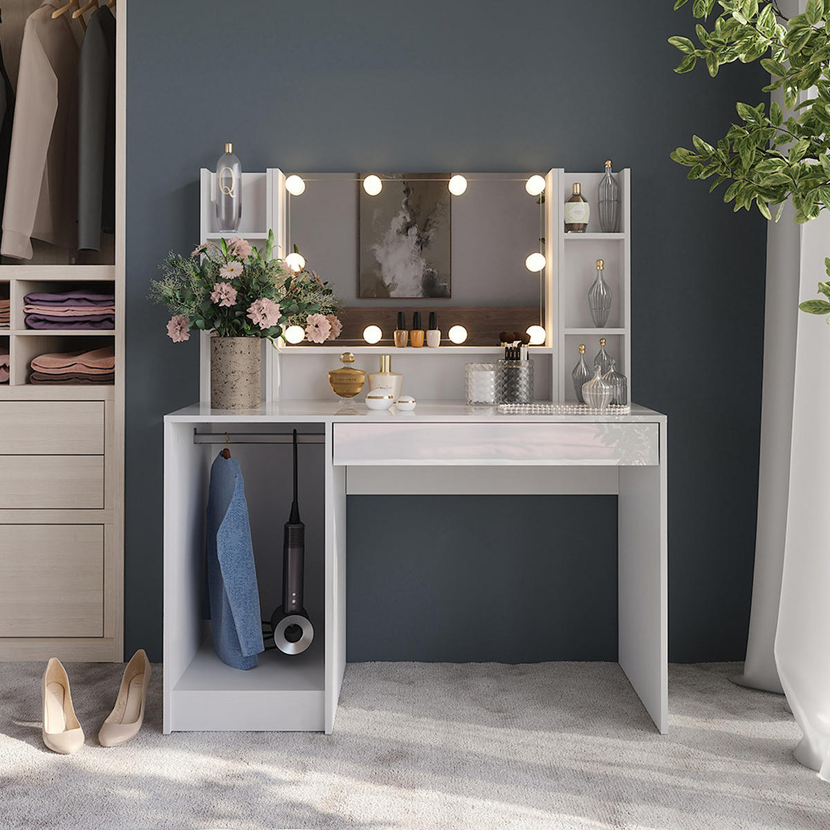 SCHMINKTISCH Sherry Weiß/Weiß Hochglanz 119.8 cm 4 Teile - Weiß Hochglanz, Holzwerkstoff (119.8/76/50.1cm) - Vicco