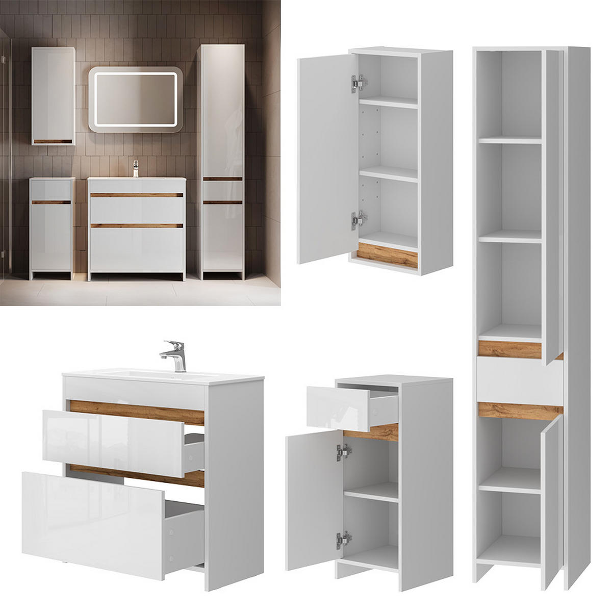 BADMÖBEL-SET Detmold Weiß Hochglanz/Goldkraft Eiche 5er-Set - Honigeiche/Weiß Hochglanz, Holzwerkstoff (79.8/81.9/40cm) - Vicco