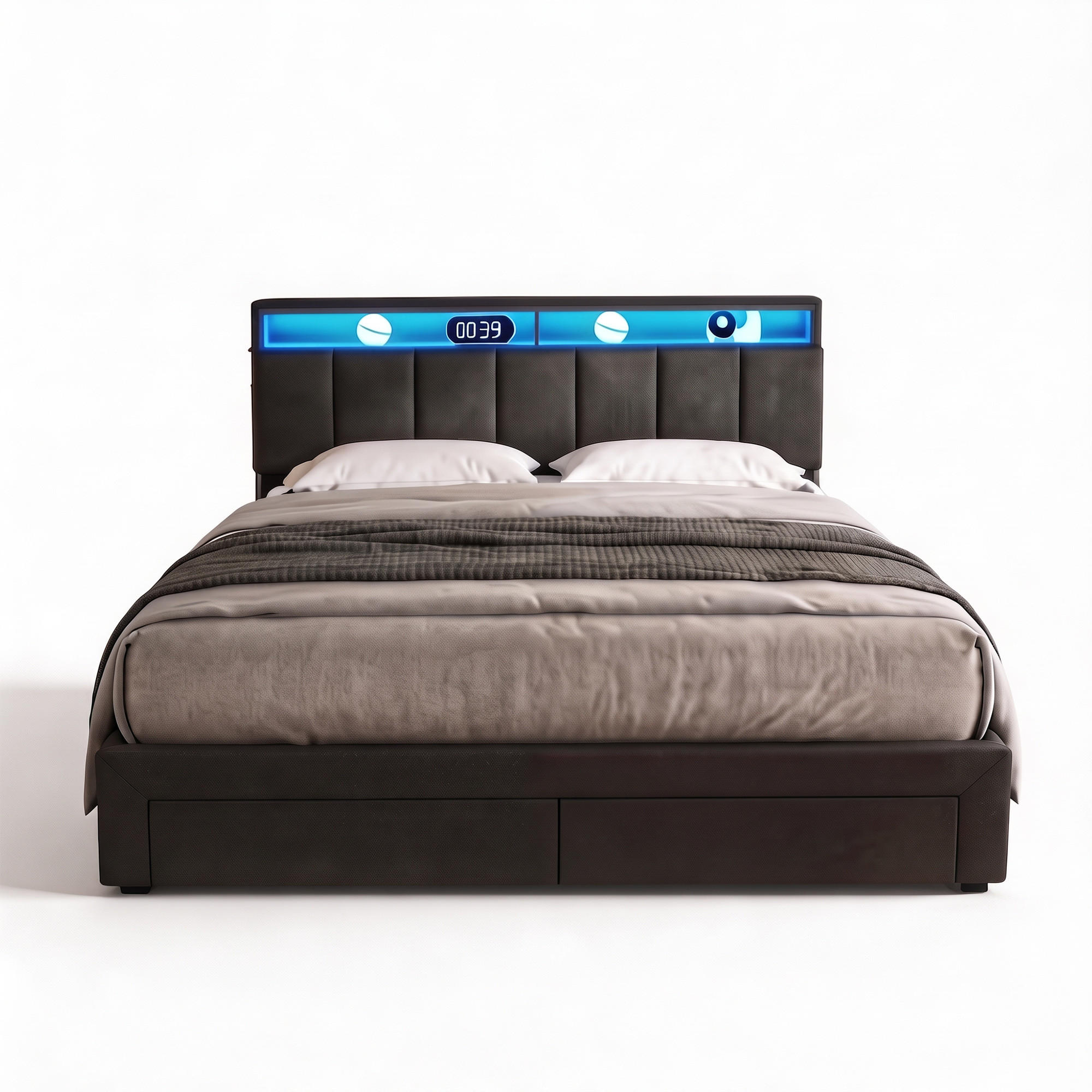POLSTERBETT 160x200 cm mit Bettkasten, LED und 2 Schubladen, Lattenrost, höhenverstellbares Kopfteil, Grau - Grau, Holz/Textil (160/200cm) - GENKI LIVING