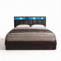 POLSTERBETT 160x200 cm mit Bettkasten, LED und 2 Schubladen, Lattenrost, höhenverstellbares Kopfteil, Grau - Grau, Holz/Textil (160/200cm) - GENKI LIVING