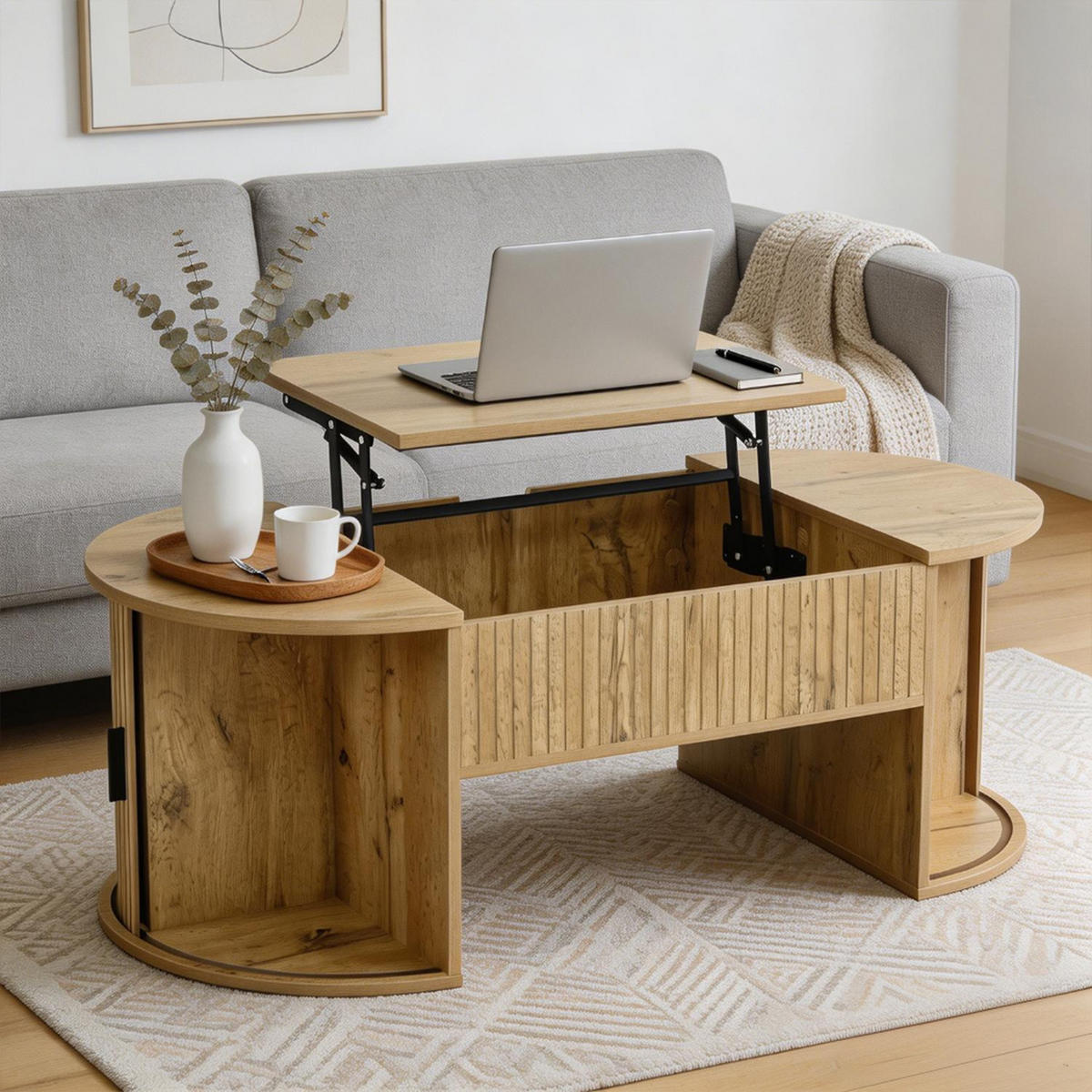OVALER Couchtisch mit aufklappbarer Tischplatte und Stauraum, Holzwerkstoff, Eiche - Grau, Textil (264/83/87cm) - Meubles Cosy