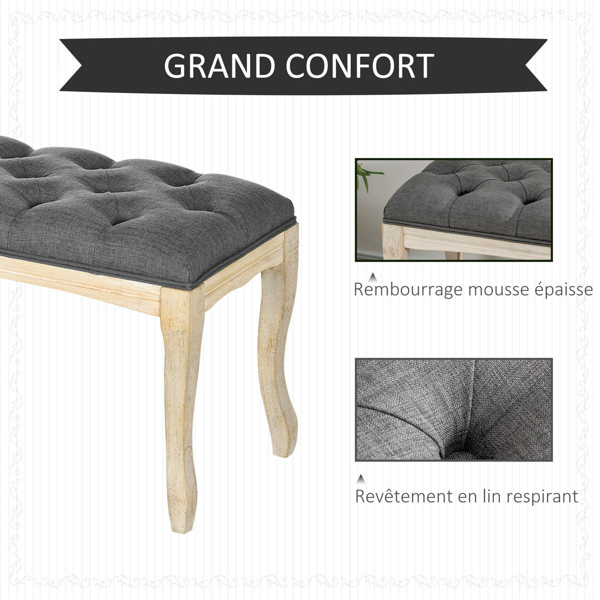 HOCKERBANK DE-12830 Knopfheftung, Leinenbezug Grau - Grau, Holzwerkstoff (101.6/121.92/279.4cm) - ComfortXL