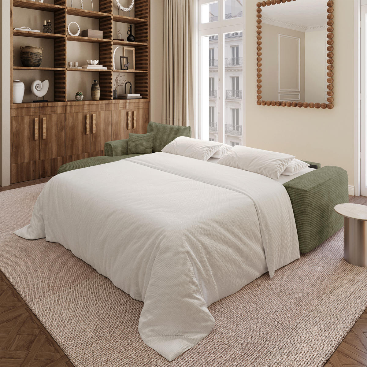 SCHLAFSOFA Express COMO Cord Olivgrün 300cm - Olivgrün/Grün, Textil (300/165cm) - Premium Interiors