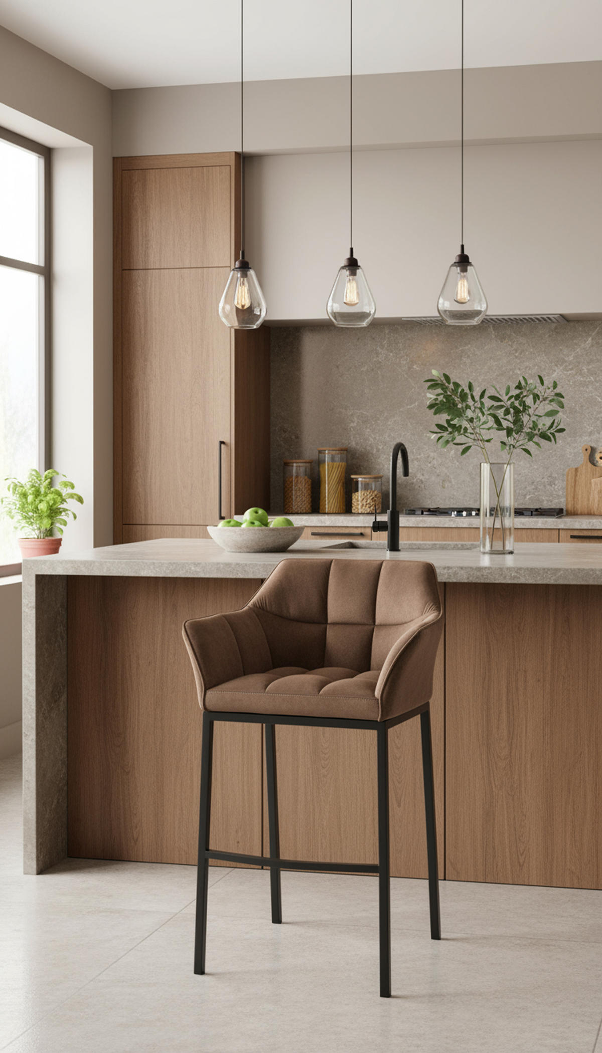BARHOCKER Damaskus Samt mit 4-Fuß Gestell braun - Schwarz/Braun, Textil/Metall (64/110/48cm) - TPFLiving