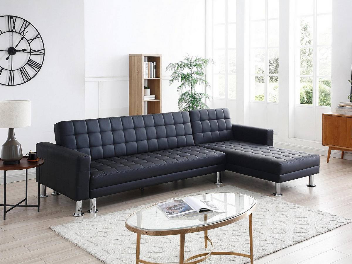 ECKSOFA mit Schlaffunktion - Ecke wechselbar - Kunstleder - Schwarz - WILLIS II - Schwarz, Leder (290/173cm) - Vente-Unique