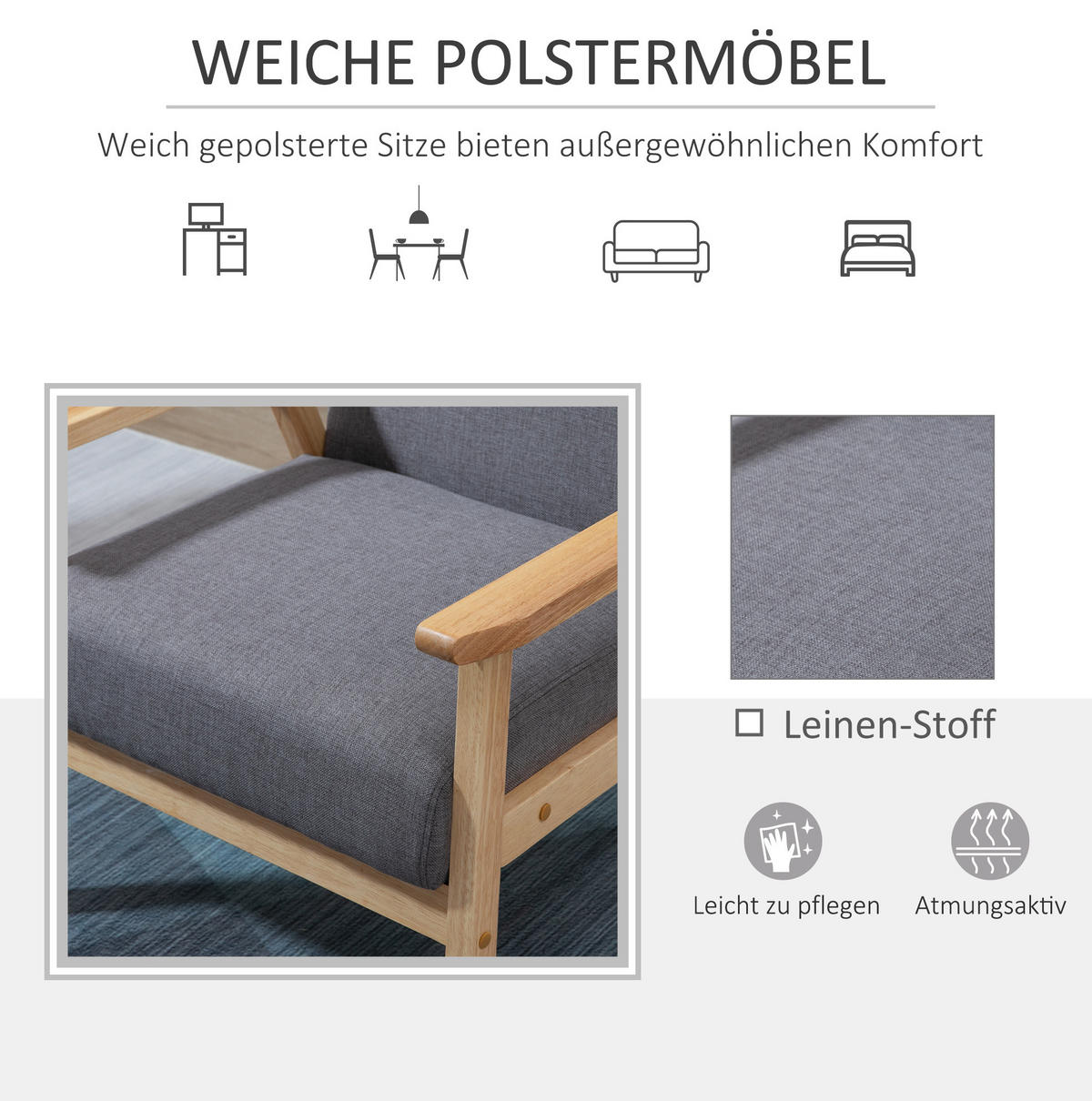 POLSTERSESSEL 64/70/72 cm in Grau mit Holzgestell und breiter Sitzfläche - Grau, Textil (70/72/64cm) - BEAOK