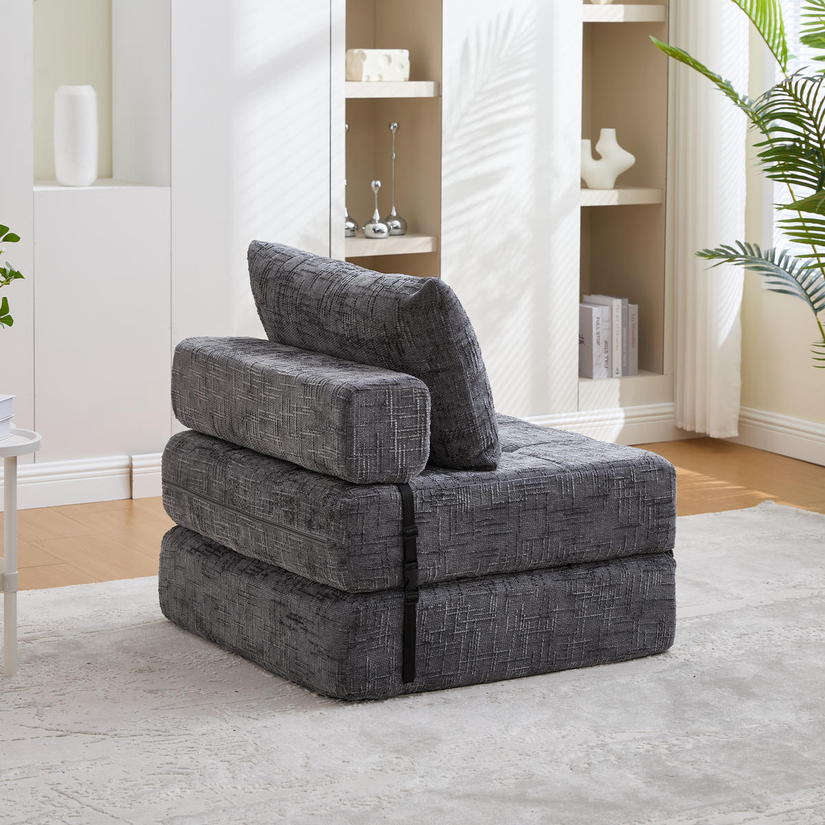 SCHLAFSESSEL Klappbares mit Kopf und Lumbalkissen grau Chenille 200/90/75 cm - Grau, Textil (79/57/79cm) - OKWISH