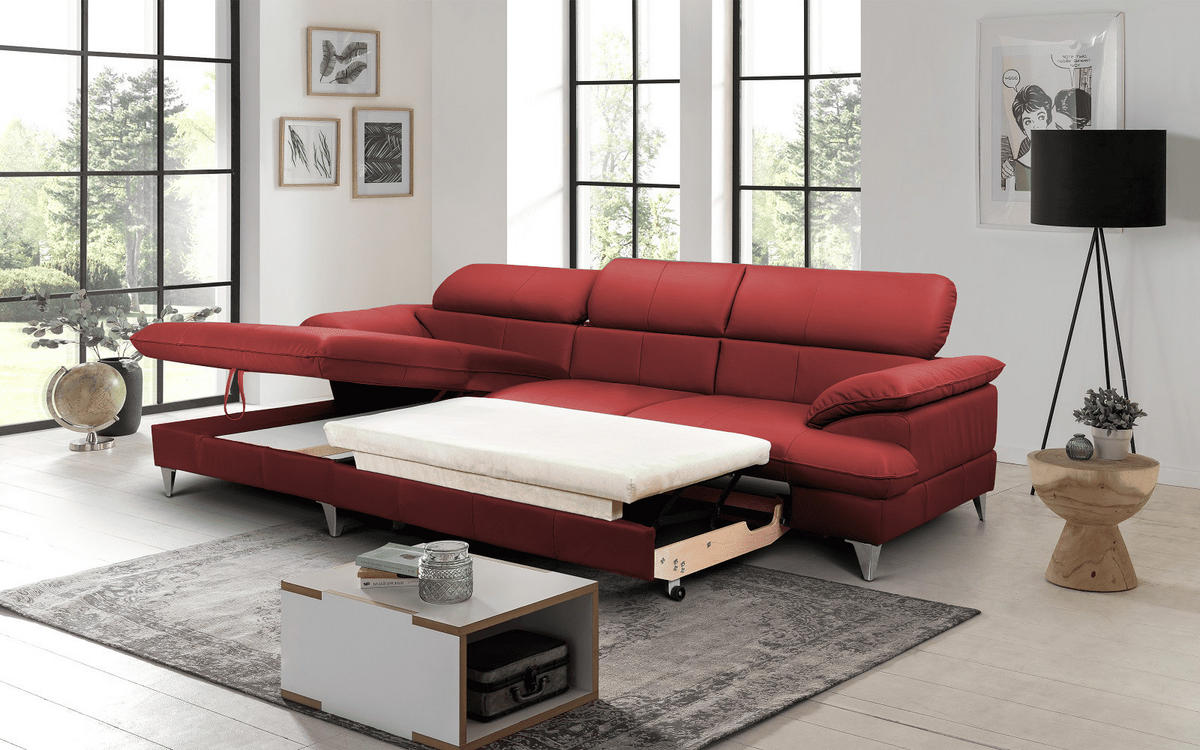 ECKSOFA mit Schlaffunktion und Bettkasten, Echtleder - Chromfarben/Rot, Leder/Holz (254/167cm) - Cotta
