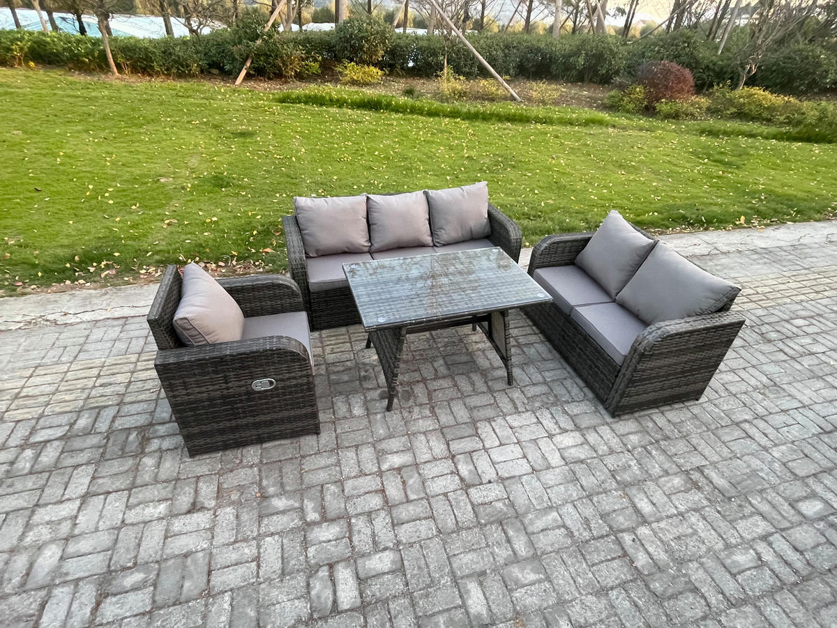 GARTENMÖBEL SET Polyrattan Dunkelgrau 6-Sitzer - Dunkelgrau/Grau, Glas/Kunststoff - Fimous
