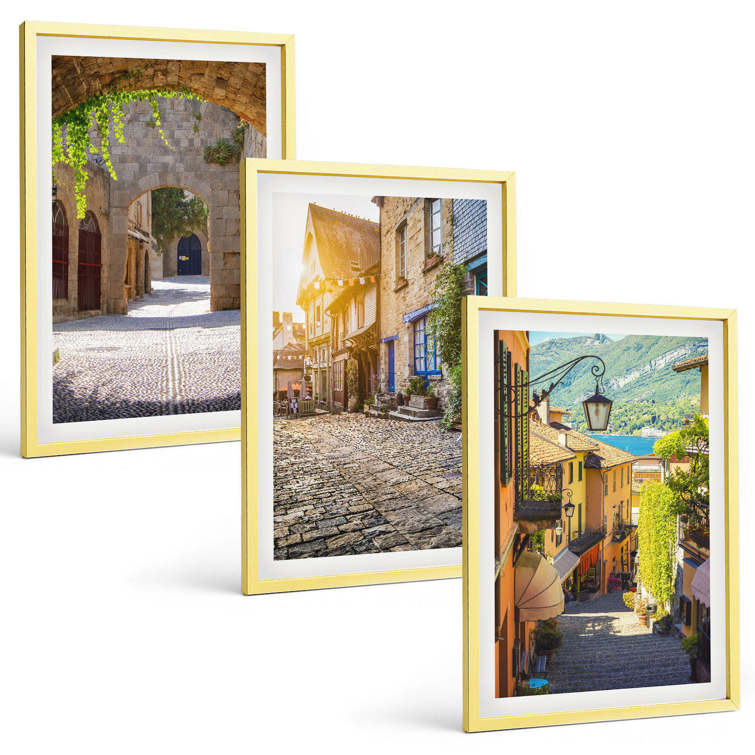 BILDER SET 3er Set - 40x60 cm Goldrahmen - Charmante Steinstraßen - Goldfarben, Kunststoff (40/60cm) - TULUP