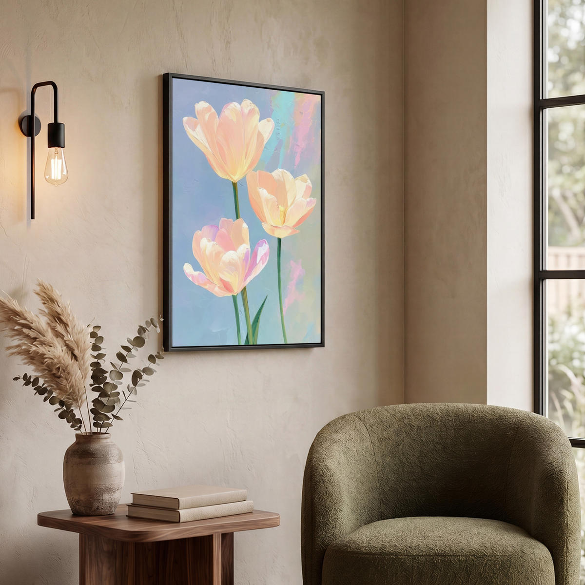 LEINWAND Bilder mit Rahmen - Tulpen - Rosa Akzente - Blau - 60x80 - Pastellblau, Textil (60/80cm) - MuchoWow