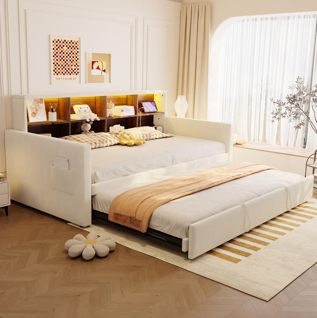 POLSTERBETT 90/190 cm aus Samt mit ausziehbarem Gästebett und LED-Kopfteil Beige - Beige, Textil (90/190cm) - Modenvie