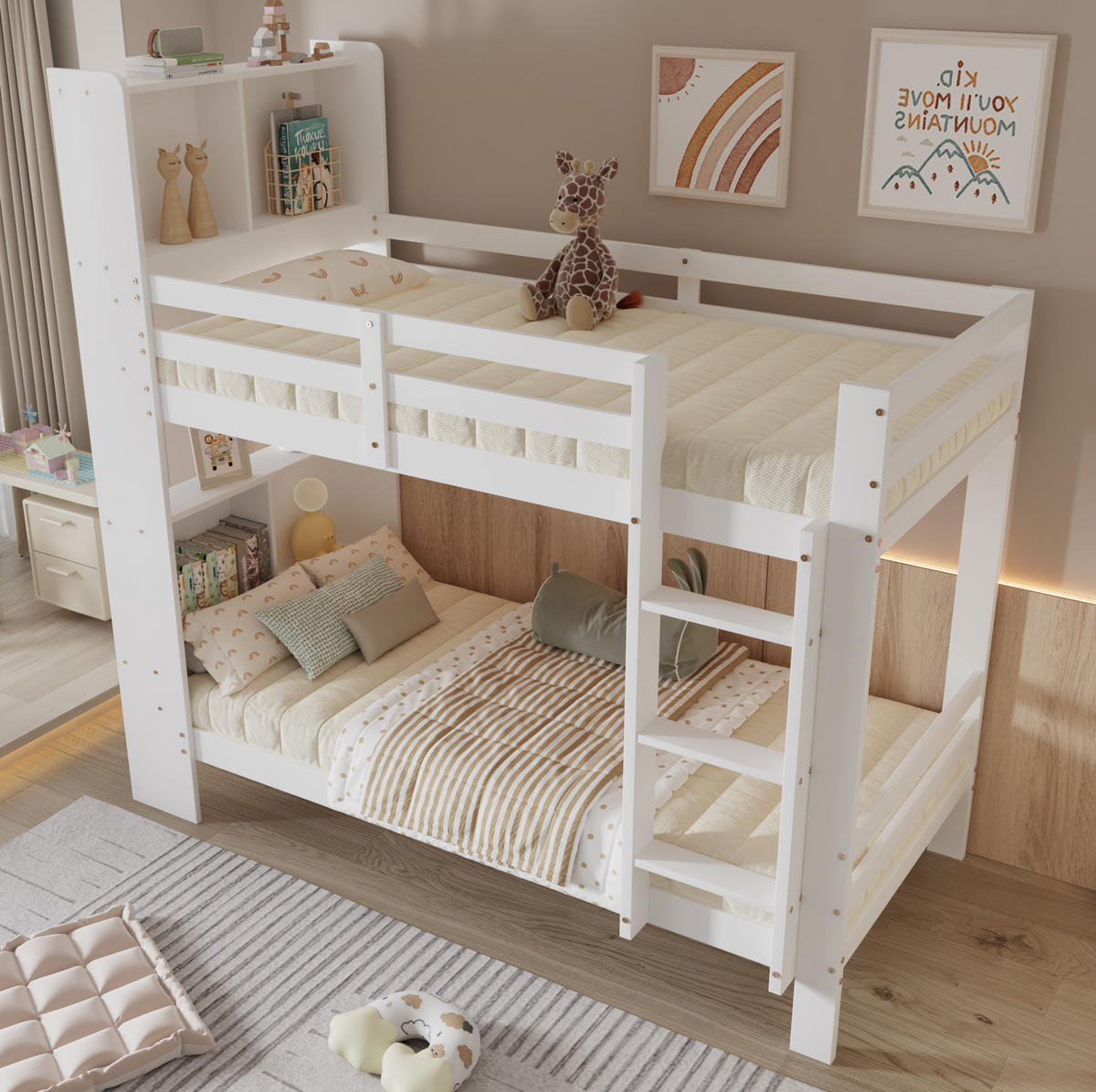 ETAGENBETT 90/200 cm mit Kopfregalen und rechtwinkliger Leiter und MDF, Weiß - Weiß, Holzwerkstoff (90/200cm) - Redom