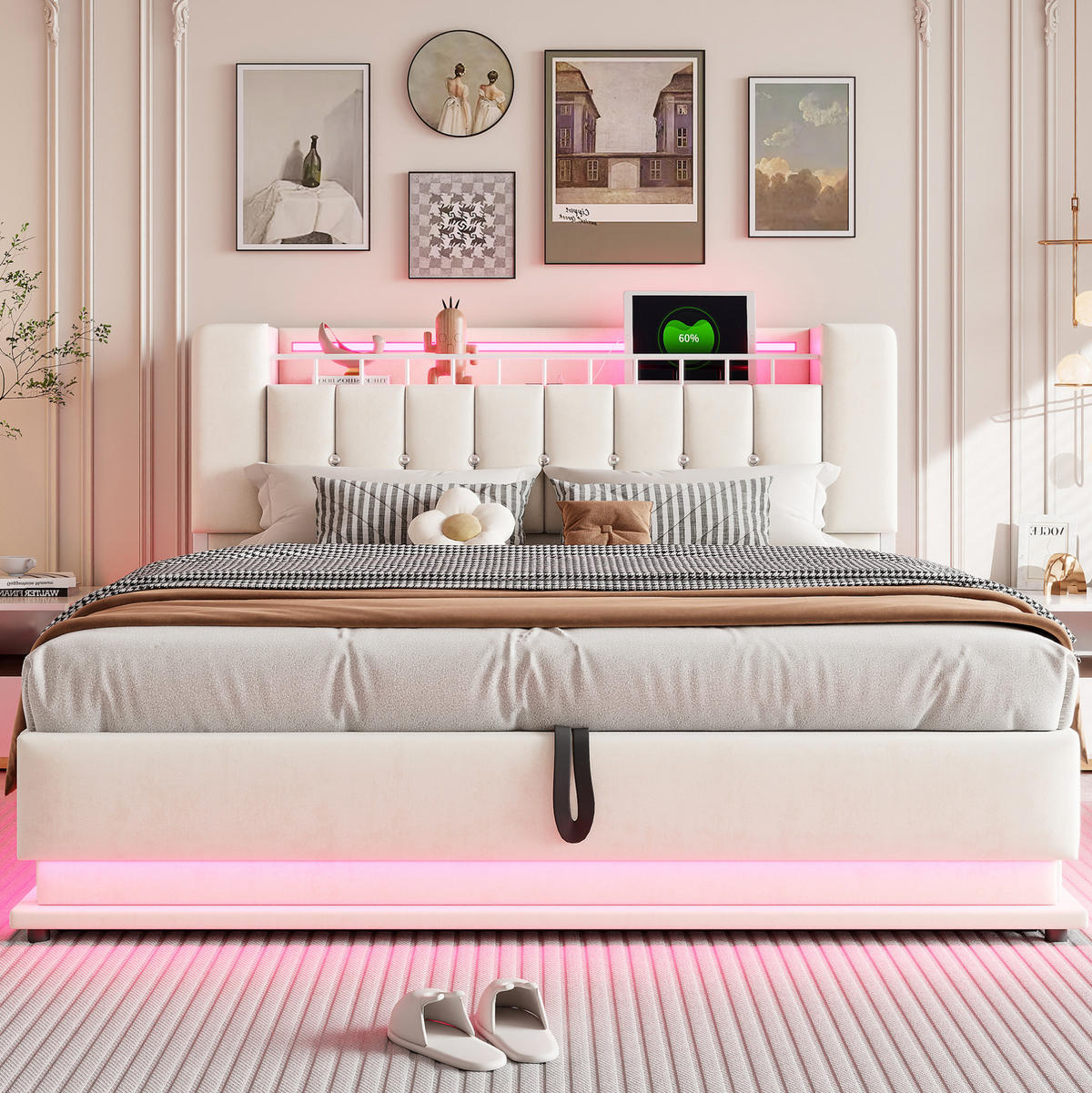 POLSTERBETT 180/200 cm Beige mit LED-Beleuchtung und Stauraum Samtbezug - Beige, Textil (180/200cm) - OKWISH