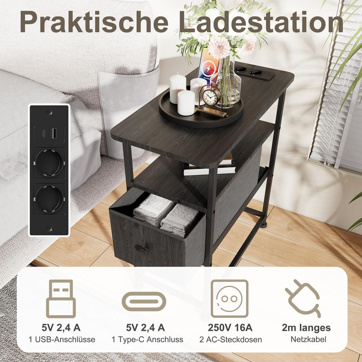 NACHTTISCH LED USB Schublade offene Fächer schwarz - Schwarz, Holz (60/62/30cm) - LEBENLANG