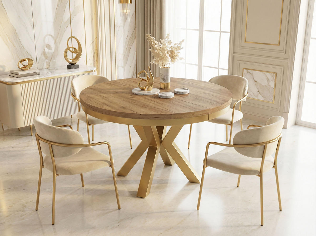 ESSTISCH Clara Gold runder ausziehbarer, Craft Eiche 120-200/120/76 cm - Eiche Wotan/Goldfarben, Holzwerkstoff/Metall (120/120/76cm) - WFL GROUP