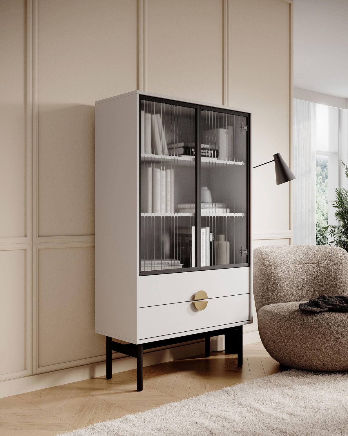 VITRÍNA Stoon II biela, 85 cm - čierna/biela, kov/kompozitné drevo (85.5/150/41cm) - Selsey