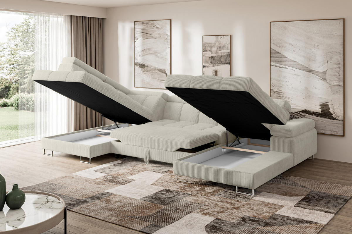 WOHNLANDSCHAFT mit Schlaffunktion und Bettkasten Ottomane Links COMA U 345x203x79 Creme Cord - Mokka, Holzwerkstoff/Textil (345/79/203cm) - ALTDECOR