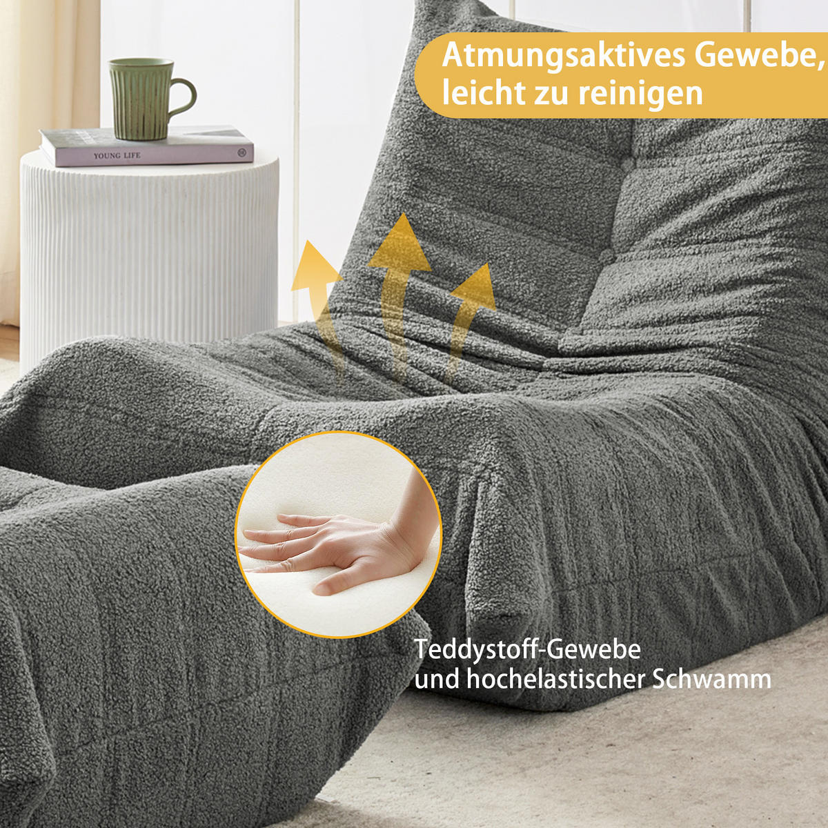 LAZY SOFA Teddyfell Optik mit Hocker weich & ergonomisch - Grau, Textil (100/70/90cm) - Urban Meuble