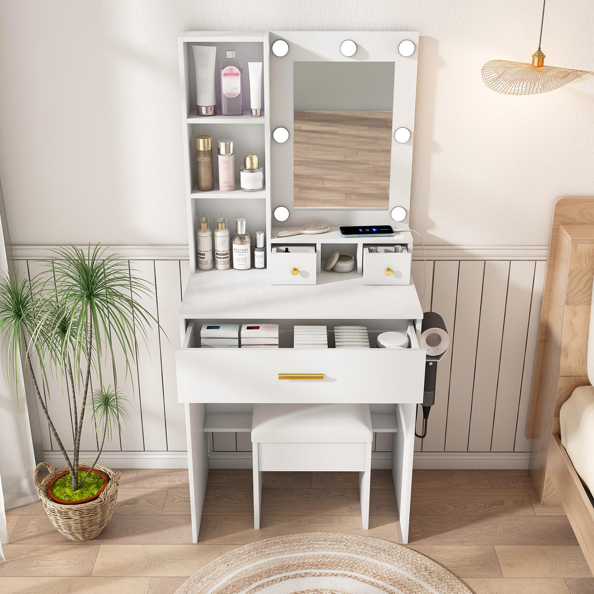 SCHMINKTISCH in Weiß Frisiertisch mit Hocker, Spiegel, LED und Steckdose, für kleine Schlafzimmer, B60/H131.5/T38cm - Weiß, Holzwerkstoff (60/131.5/38cm) - STILVORA