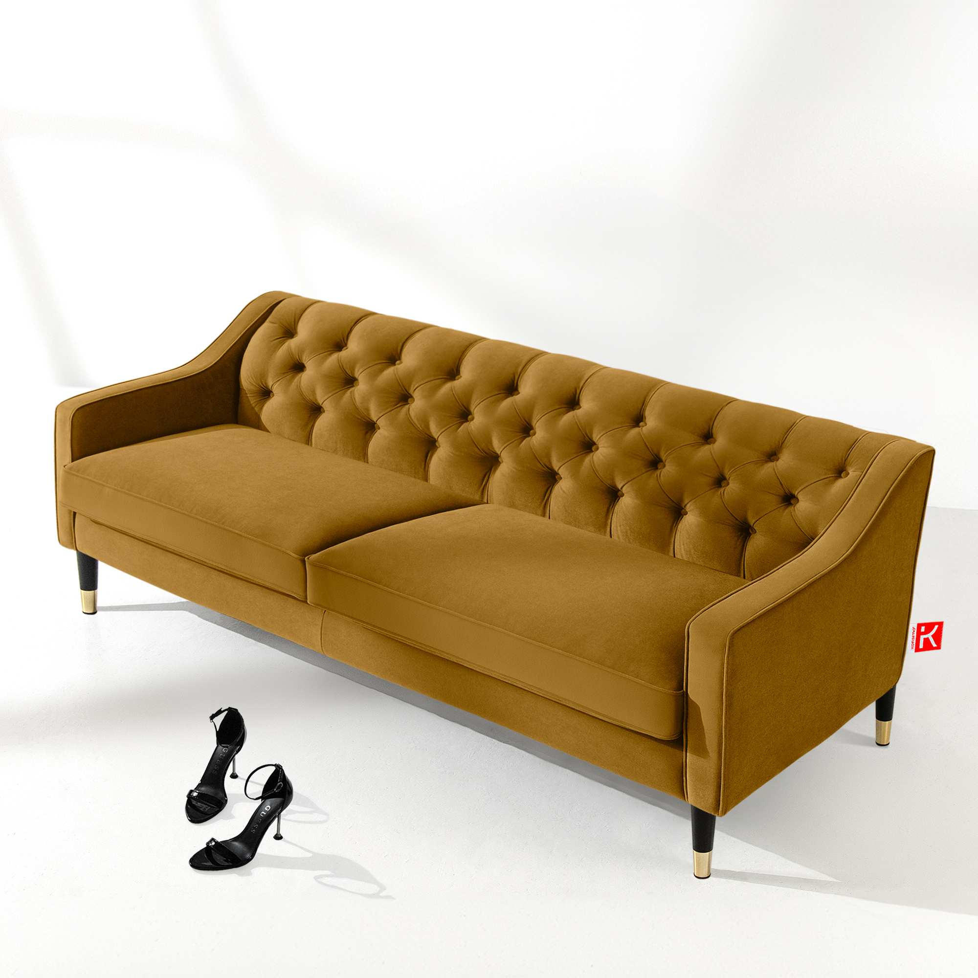 3-SITZER-SOFA NOMUS Velours, gesteppt, Gelb - Wengefarben/Gelb, Holz/Holzwerkstoff (192/78/80cm) - KONSIMO®