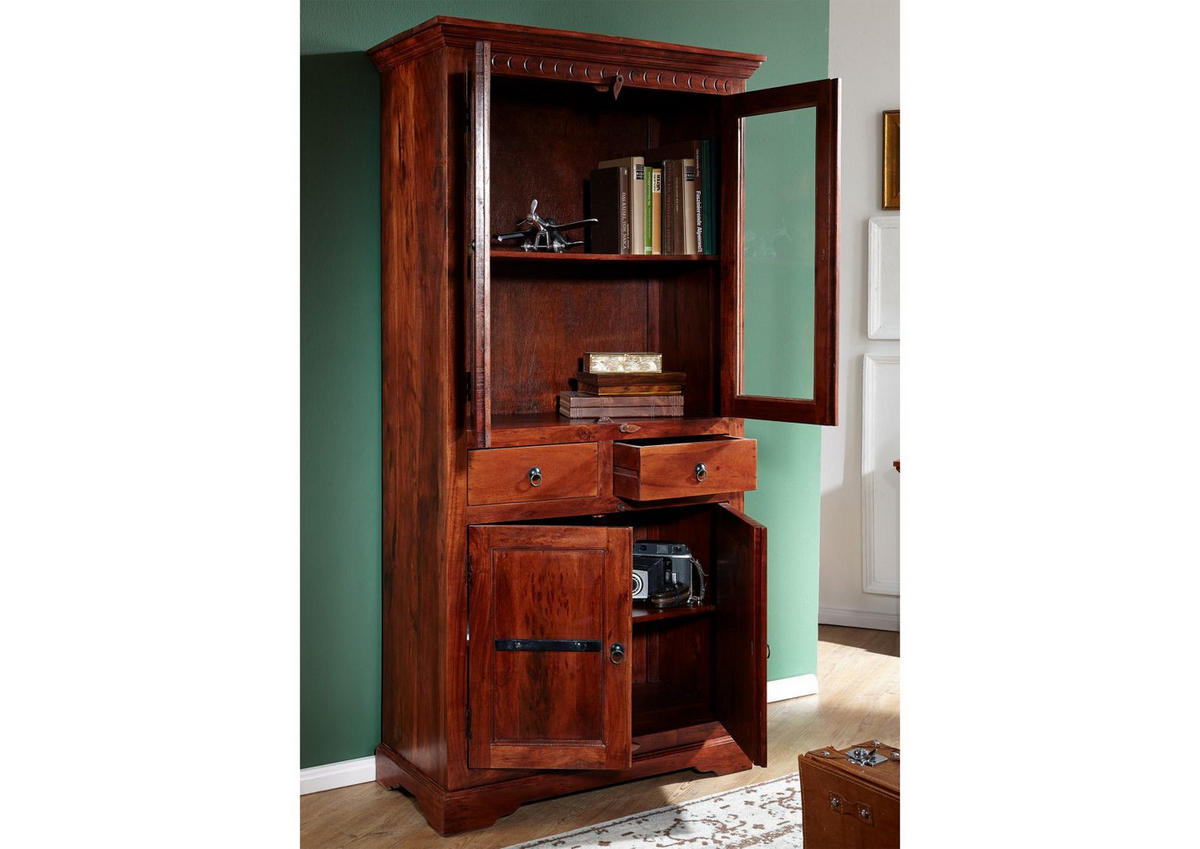 VITRINE Akazie 90x44x180 nougat lackiert OXFORD #1011 - Dunkelbraun, Holz (90/180/44cm) - Massivmoebel24