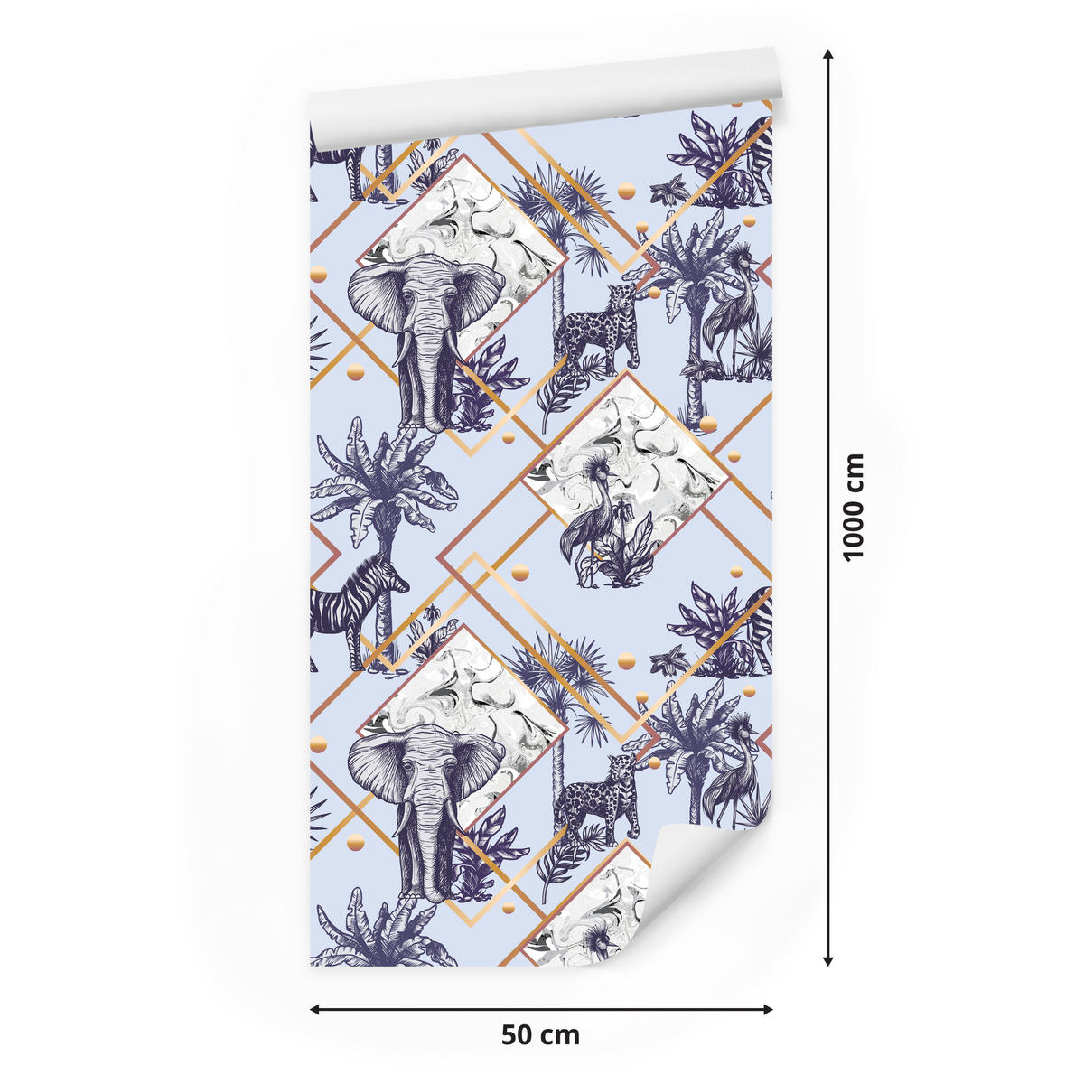 VLIESTAPETE Wildtiere und geometrische Muster – Blau, Goldfarben, Weiß – 50x1000 cm - Blau/Goldfarben, Papier (50/1000cm) - Muralo