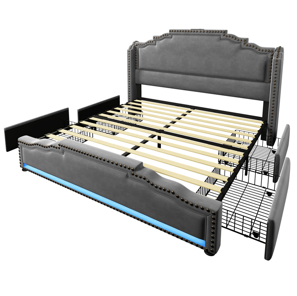 POLSTERBETT 140/200 cm mit 4 Schubladen, LED-Beleuchtung, USB- und Type-C-Anschluss, Samt, Grau - Grau, Textil (140/200cm) - Redom