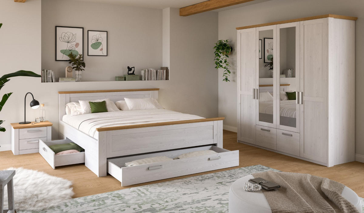SCHLAFZIMMER weiß Lärche, Eiche Artisan Landhaus, Komplettset mit Bett Liegefläche 180 x 200 cm - Eichefarben/Silberfarben, Holzwerkstoff/Kunststoff (180/200cm) - Inn.Furn