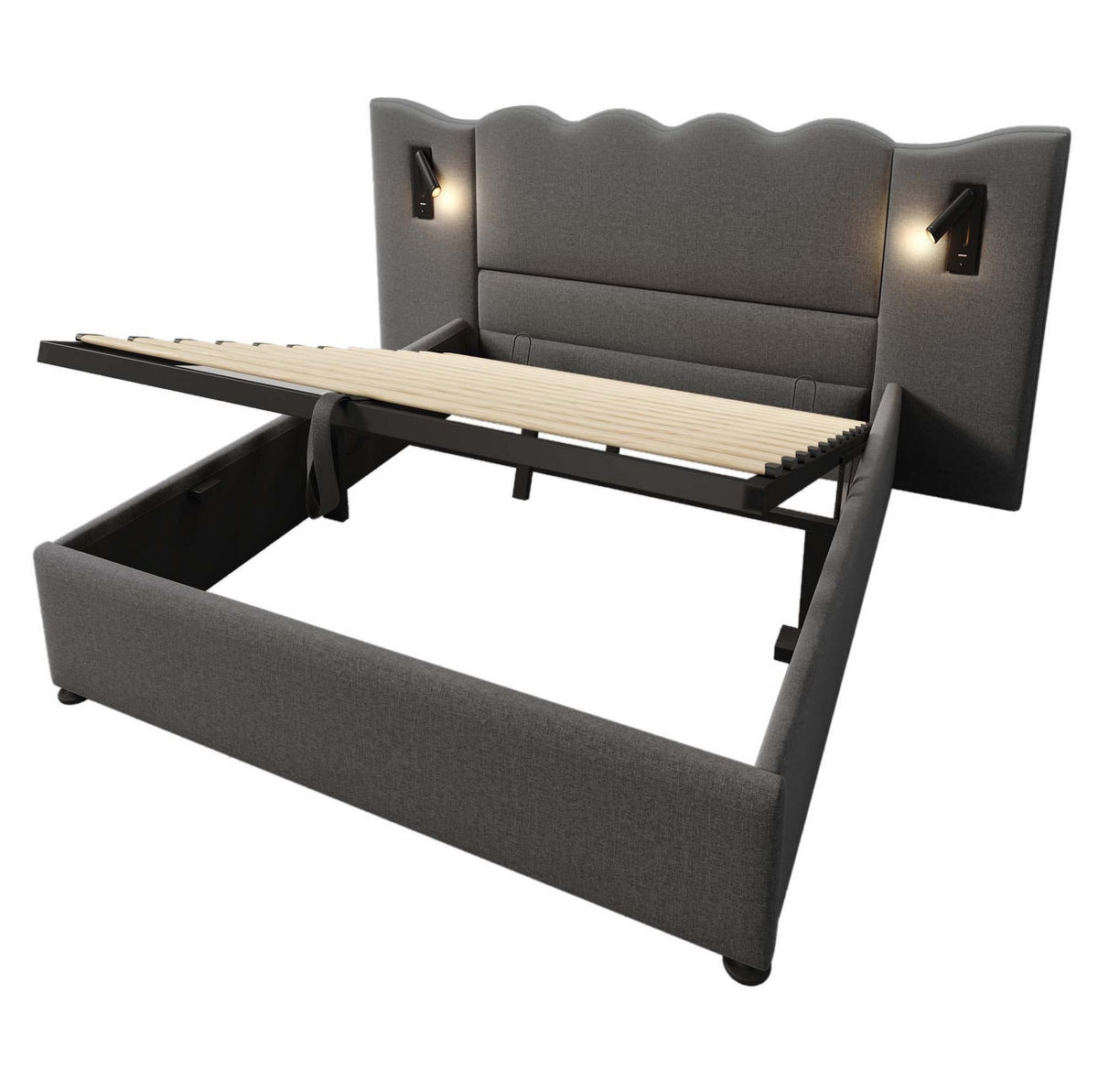 TAPECIRANI krevet od lana 160x200 cm sivi s madracem, lampom za čitanje, USB i Type-C priključcima te spremištem - siva, tekstil (160/200cm) - Modfu
