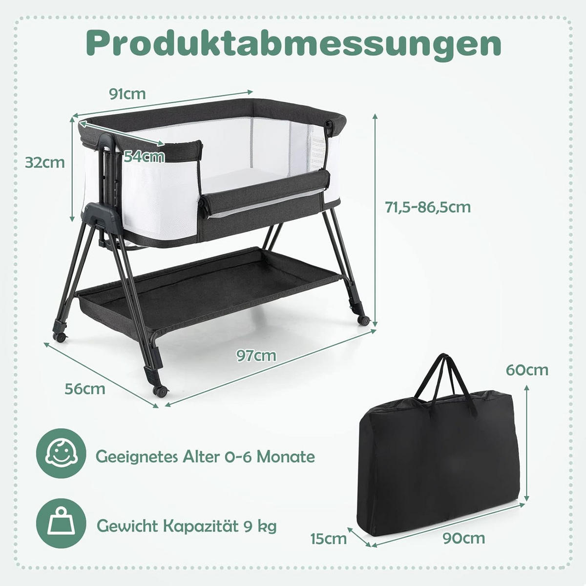 BABYSPJÄLSA 2-i-1 sidosäng och moseskorg på hjul, hopfällbar, grå - Grå, Metall - COSTWAY