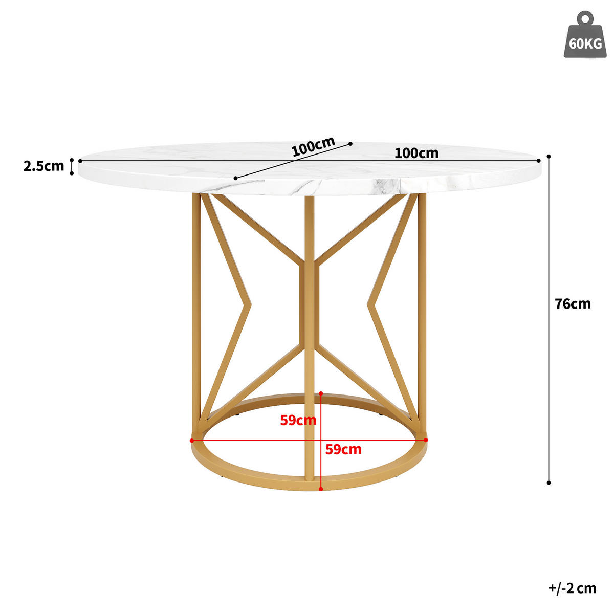 ESSTISCH 100/100/76 cm golden mit Marmorplatte und Metallbeinen - Weiß, Holzwerkstoff (100/100/76cm) - OKWISH