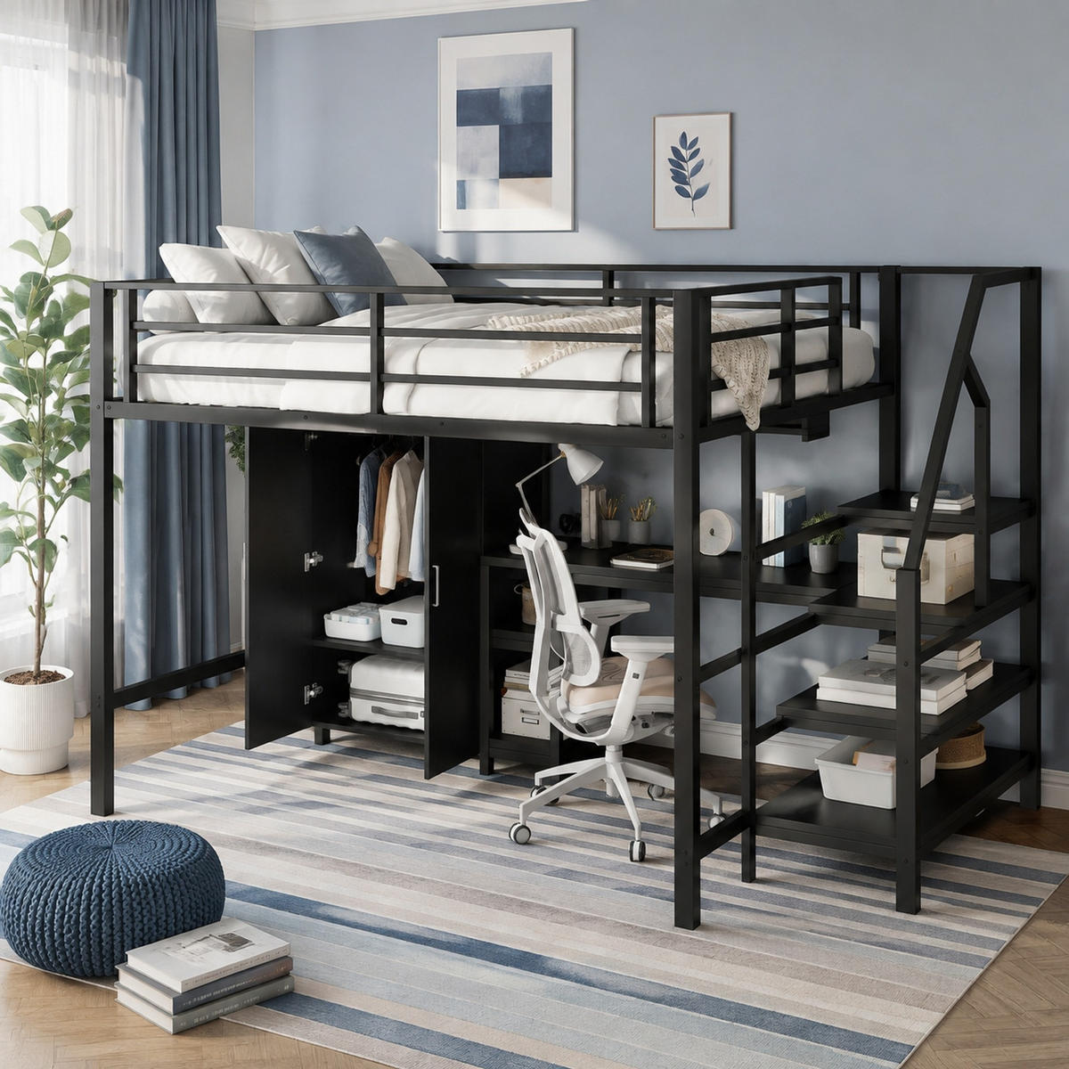 HOCHBETT 140/200 mit Kleiderschrank, Regalen und Schreibtisch in Schwarz - Schwarz, Holzwerkstoff/Metall (140/200cm) - EVRYAE