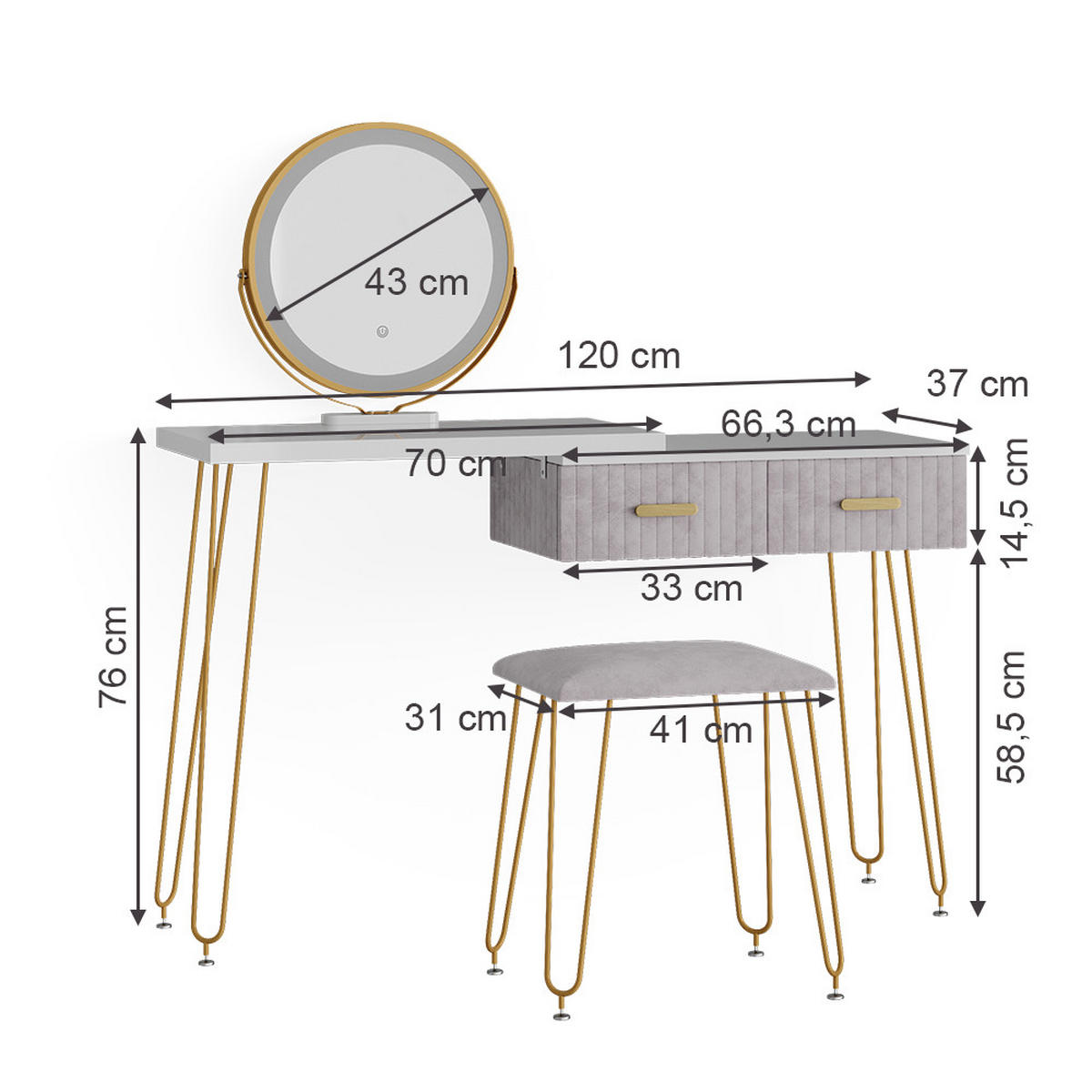 SCHMINKTISCH Zoey Grau 120 cm mit LED Beleuchtung und Hocker - Grau, Holzwerkstoff (120/76/37cm) - Vicco