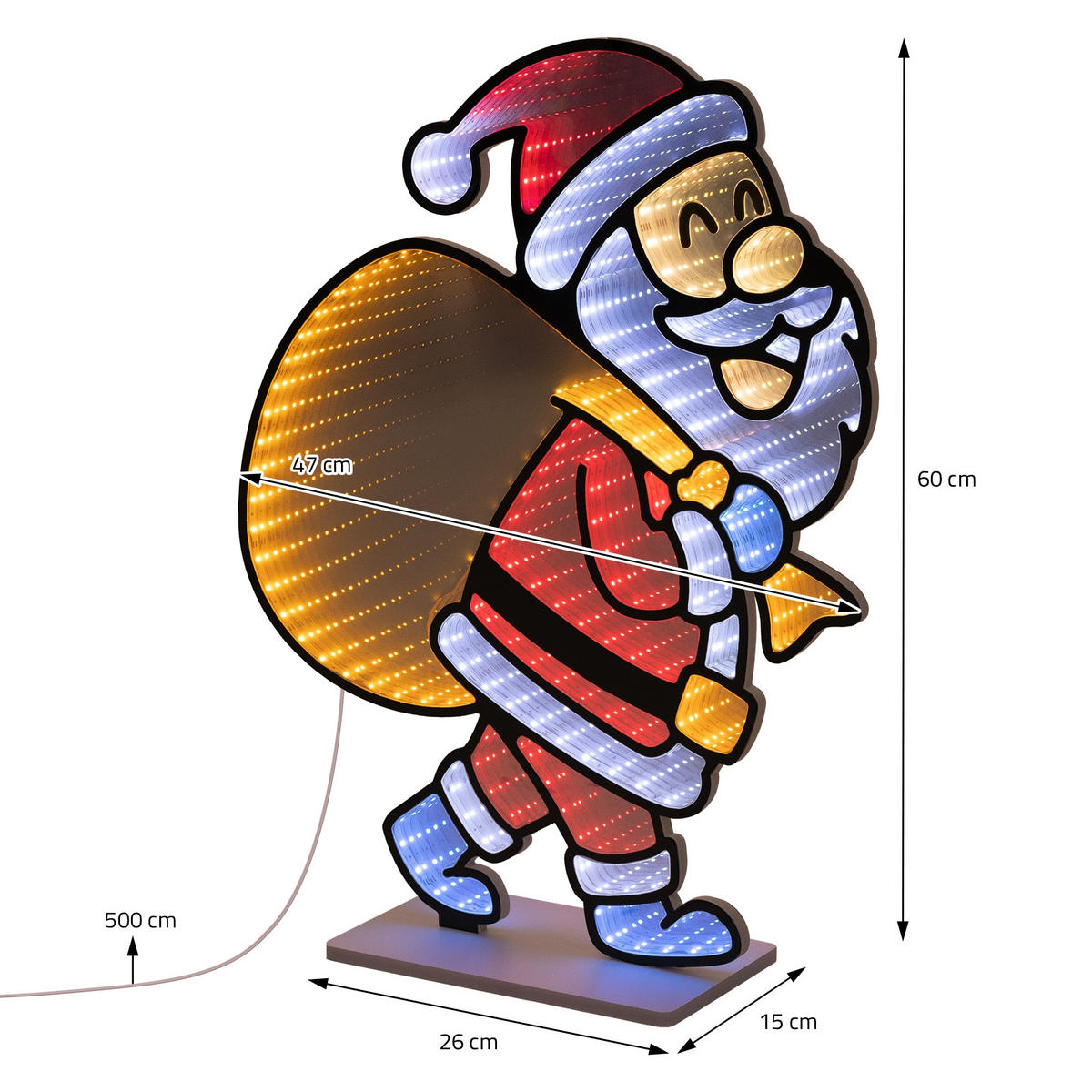 VÁNOČNÍ DEKORACE Santa Claus s pytlem na dárky LED Infinity Mirror 3D efekt s řetězem světel 47x60 cm pro vnitřní použití - různobarevná, plast (47/60/15cm) - ECD-Germany